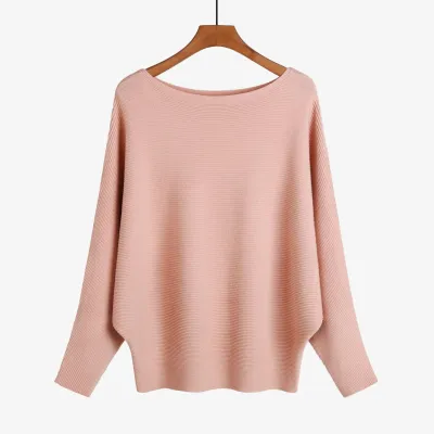 Women'S Fashion Casual Solid Color Threaded One-Neck Bat-Sleeve High-Elastic Knitted Sweater