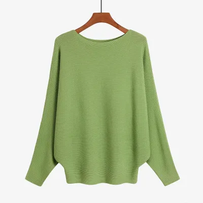 Women'S Fashion Casual Solid Color Threaded One-Neck Bat-Sleeve High-Elastic Knitted Sweater