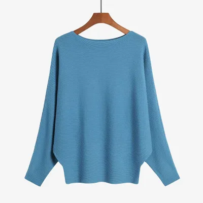 Women'S Fashion Casual Solid Color Threaded One-Neck Bat-Sleeve High-Elastic Knitted Sweater