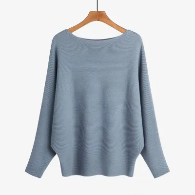 Women'S Fashion Casual Solid Color Threaded One-Neck Bat-Sleeve High-Elastic Knitted Sweater