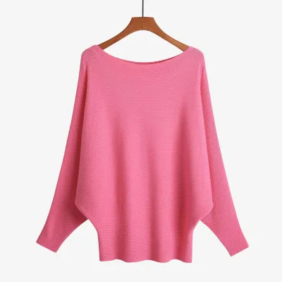 Women'S Fashion Casual Solid Color Threaded One-Neck Bat-Sleeve High-Elastic Knitted Sweater