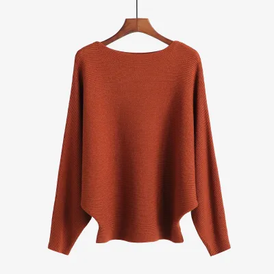 Women'S Fashion Casual Solid Color Threaded One-Neck Bat-Sleeve High-Elastic Knitted Sweater