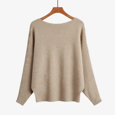 Women'S Fashion Casual Solid Color Threaded One-Neck Bat-Sleeve High-Elastic Knitted Sweater