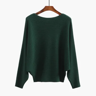 Women'S Fashion Casual Solid Color Threaded One-Neck Bat-Sleeve High-Elastic Knitted Sweater