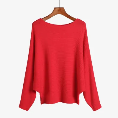 Women'S Fashion Casual Solid Color Threaded One-Neck Bat-Sleeve High-Elastic Knitted Sweater