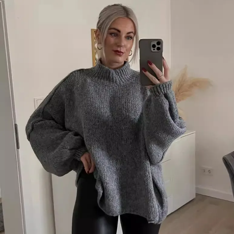 Women Fashion Casual Autumn And Winter Solid Color Half High Collar Long-Sleeve Loose Knitted Sweater