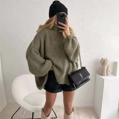 Women Fashion Casual Autumn And Winter Solid Color Half High Collar Long-Sleeve Loose Knitted Sweater