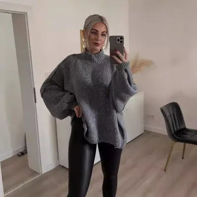 Women Fashion Casual Autumn And Winter Solid Color Half High Collar Long-Sleeve Loose Knitted Sweater