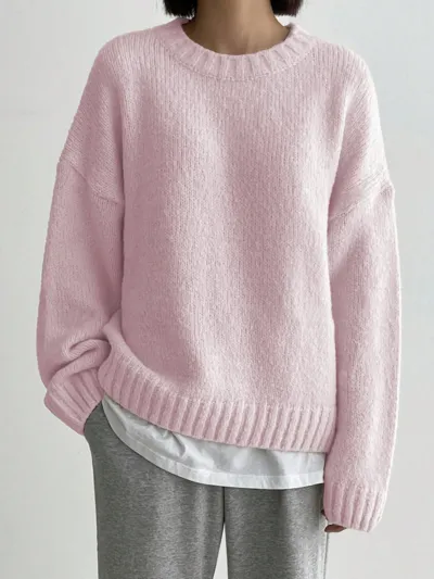 Women Fashion Casual Autumn And Winter Solid Color Round Neck Long Sleeve Thickened Knitted Sweater