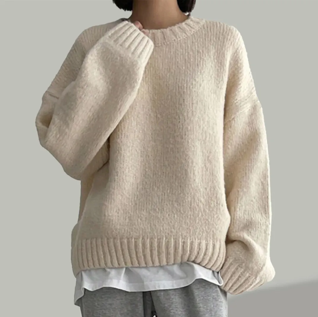 Women Fashion Casual Autumn And Winter Solid Color Round Neck Long Sleeve Thickened Knitted Sweater