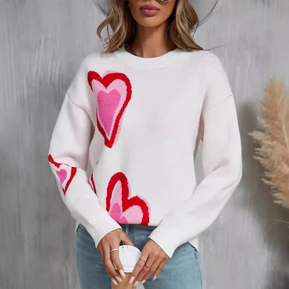 Women Fashion Casual Spring Love Peach Long-Sleeve Knitted Sweater