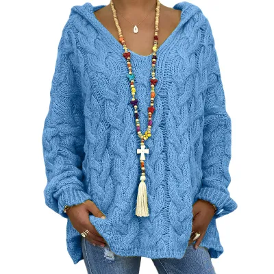 Women Fashion Causal Autumn And Winter Solid Color Long-Sleeve With Hat Twist Knitted Sweater