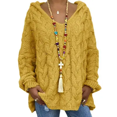 Women Fashion Causal Autumn And Winter Solid Color Long-Sleeve With Hat Twist Knitted Sweater