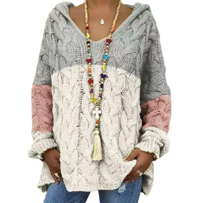 Women Fashion Causal Autumn And Winter Solid Color Long-Sleeve With Hat Twist Knitted Sweater