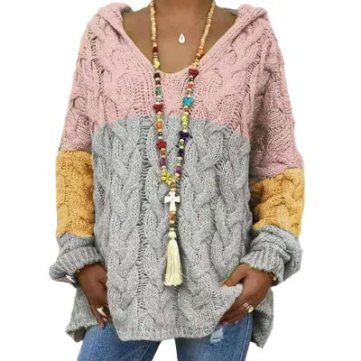 Women Fashion Causal Autumn And Winter Solid Color Long-Sleeve With Hat Twist Knitted Sweater