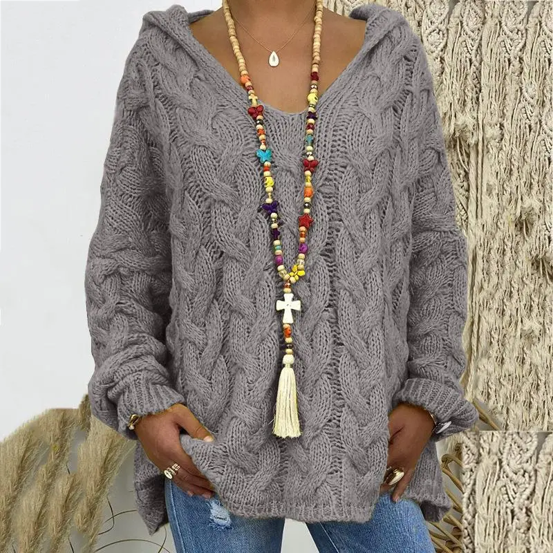 Women Fashion Causal Autumn And Winter Solid Color Long-Sleeve With Hat Twist Knitted Sweater