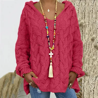 Women Fashion Causal Autumn And Winter Solid Color Long-Sleeve With Hat Twist Knitted Sweater
