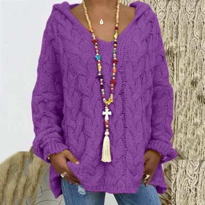 Women Fashion Causal Autumn And Winter Solid Color Long-Sleeve With Hat Twist Knitted Sweater