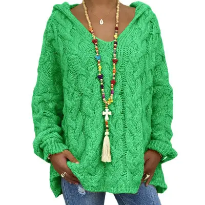 Women Fashion Causal Autumn And Winter Solid Color Long-Sleeve With Hat Twist Knitted Sweater