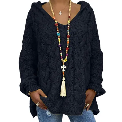 Women Fashion Causal Autumn And Winter Solid Color Long-Sleeve With Hat Twist Knitted Sweater