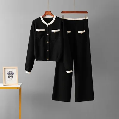 Women'S Fashion Autumn And Winter Color Block Long Sleeve Coat High Waist Pants Knitted Two-Piece Set