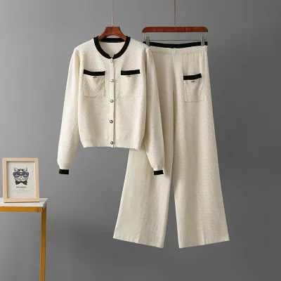 Women'S Fashion Autumn And Winter Color Block Long Sleeve Coat High Waist Pants Knitted Two-Piece Set