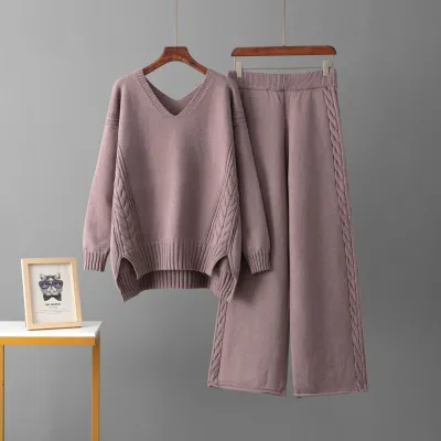 Women Fashion Casual Autumn Winter Solid Color V-Neck Long-Sleeve Sweater Wide-Leg Pants Knitted Two-Piece Set