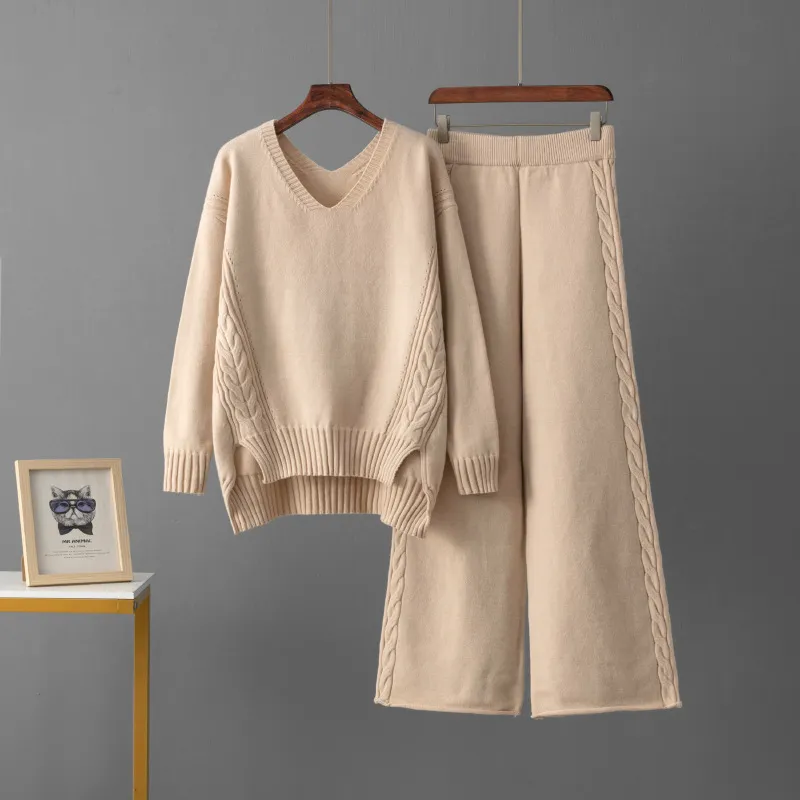 Women Fashion Casual Autumn Winter Solid Color V-Neck Long-Sleeve Sweater Wide-Leg Pants Knitted Two-Piece Set