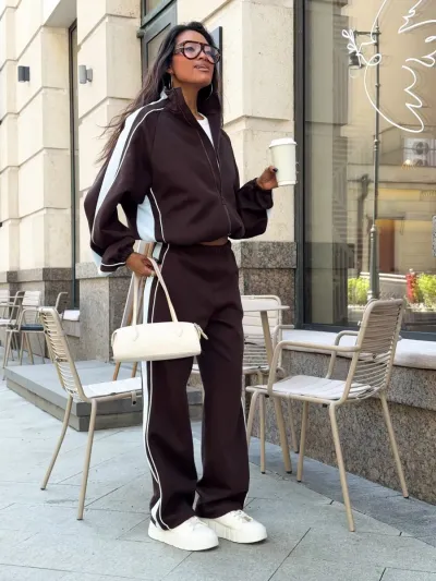 Women Fashion Casual Color-Block Vertical Collar Zipper Long-Sleeve Loose Jacket Wide-Leg Pants Two-Piece Set
