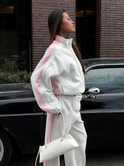 Women Fashion Casual Color-Block Vertical Collar Zipper Long-Sleeve Loose Jacket Wide-Leg Pants Two-Piece Set