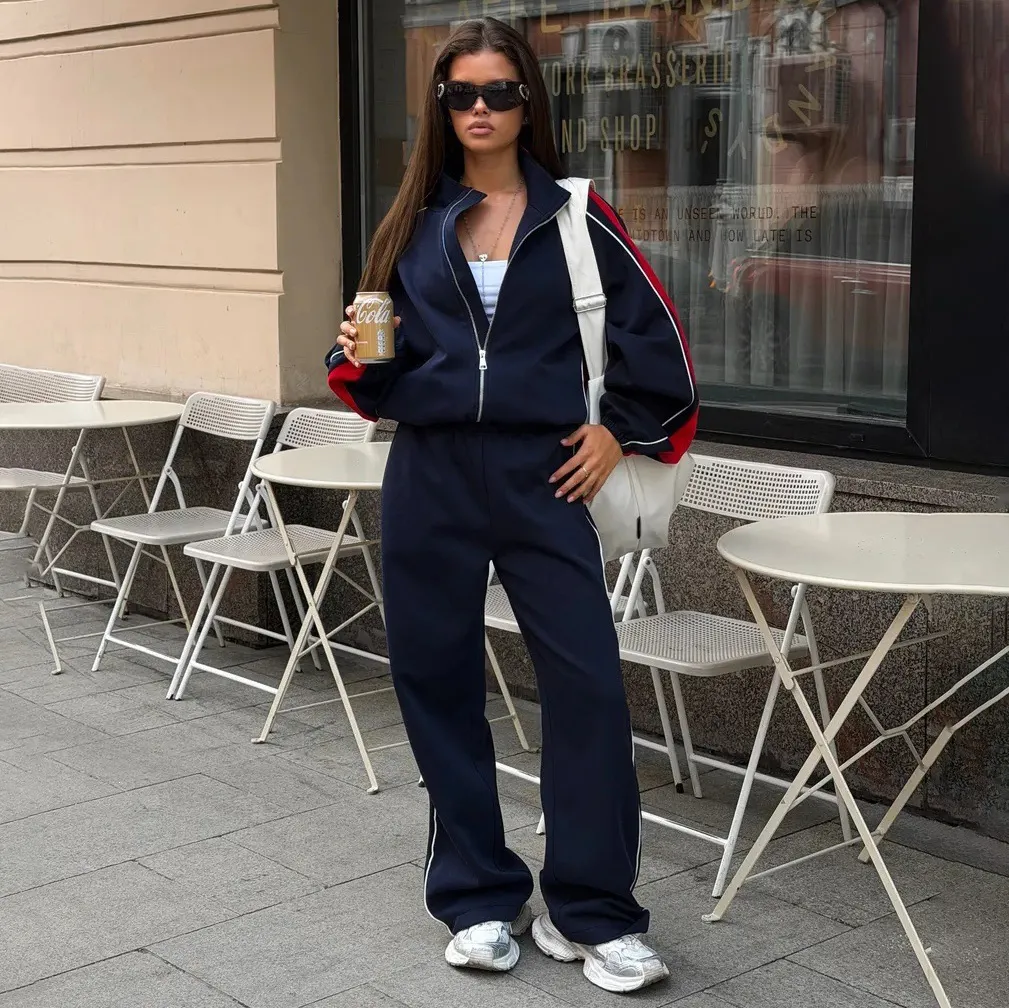 Women Fashion Casual Color-Block Vertical Collar Zipper Long-Sleeve Loose Jacket Wide-Leg Pants Two-Piece Set