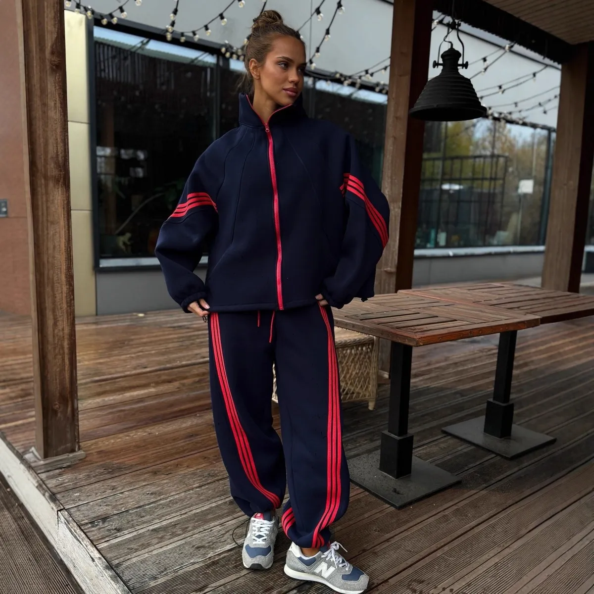 Women'S Fashion Casual Autumn And Winter Stripe Color-Matching Zipper Long-Sleeve Jacket Loose Pants Two-Piece Set