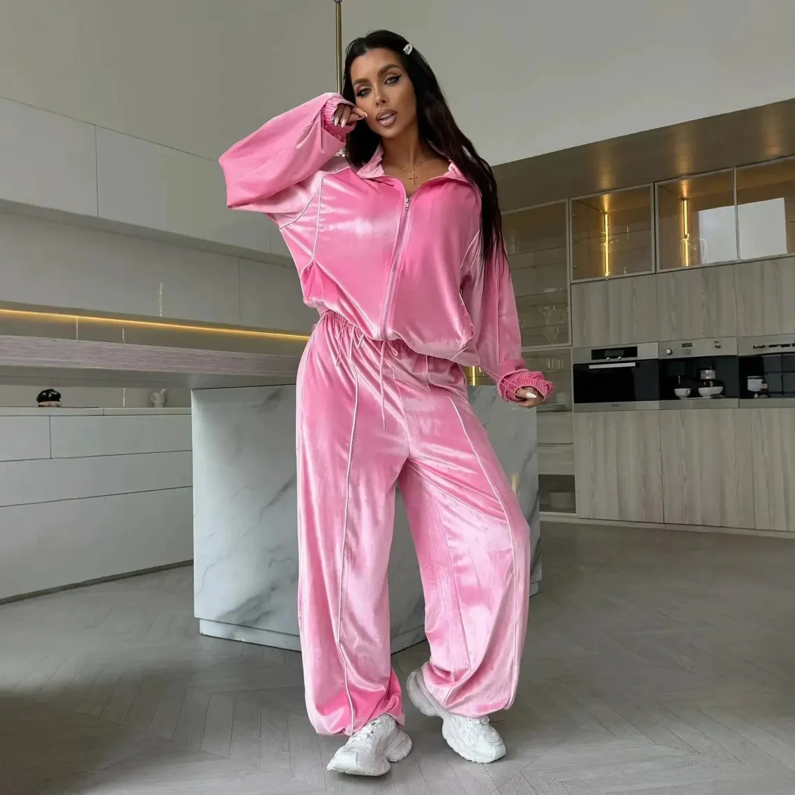 Women Fashion Casual Autumn Winter Velvet Stripe Zipper Long-Sleeve Cardigan High Waist Drawstring Wide Leg Pants Two-Piece Set