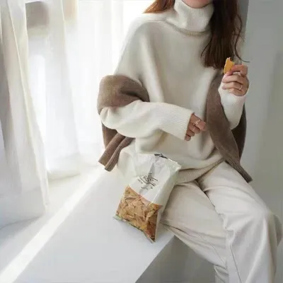 Women'S Fashion Casual Autumn And Winter Solid Color Turtleneck Long-Sleeve Knitted Loose Sweater