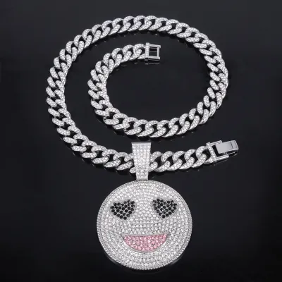 Men Fashion Hip-Hop Rhinestone Smiley Love Eyes Pendant Alloy Necklace