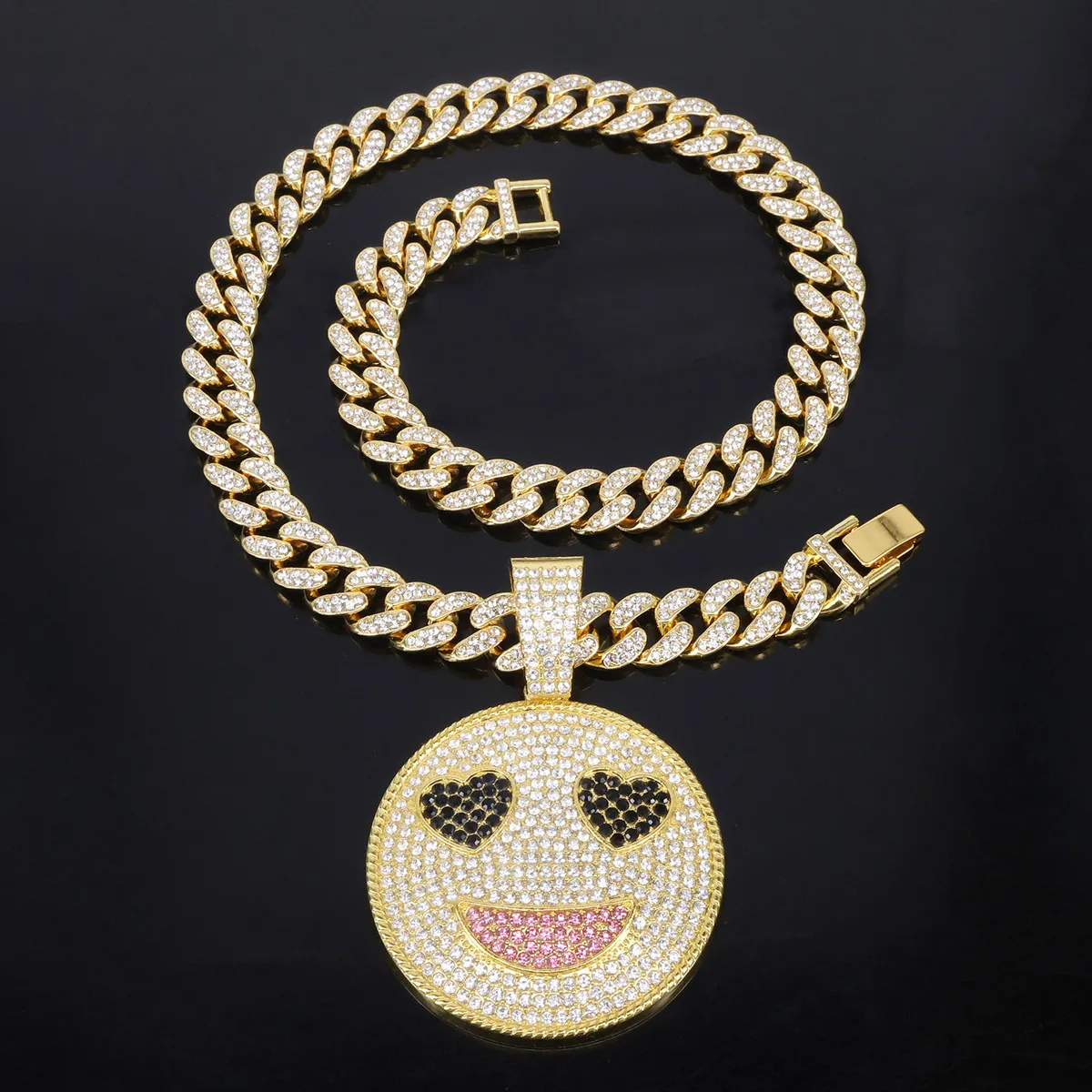 Men Fashion Hip-Hop Rhinestone Smiley Love Eyes Pendant Alloy Necklace