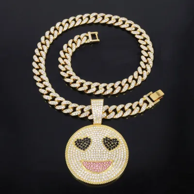 Men Fashion Hip-Hop Rhinestone Smiley Love Eyes Pendant Alloy Necklace