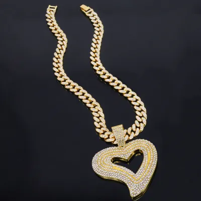 Men Fashion Hip-Hop Big Love Rhinestone Pendant Alloy Necklace