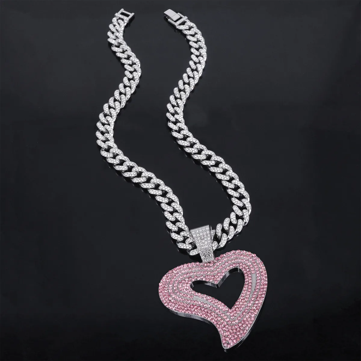 Men Fashion Hip-Hop Big Love Rhinestone Pendant Alloy Necklace