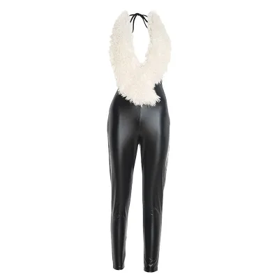 Autumn And Winter Women Sexy Imitation Fur Neck PU Jumpsuit