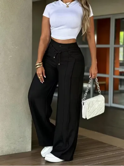 Women Fashion Casual Spring And Summer Solid Color Drawstring High Waist Wide Leg Pants