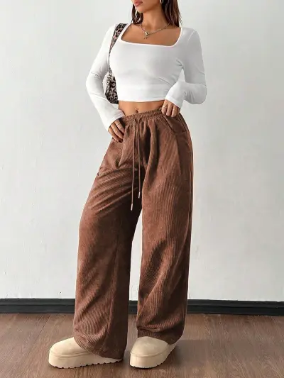 Women Fashion Casual Autumn Solid Color Corduroy Wide-Leg Pants