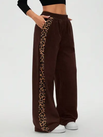 Women'S Fashion Casual Leopard Stitching Wide Leg Pants