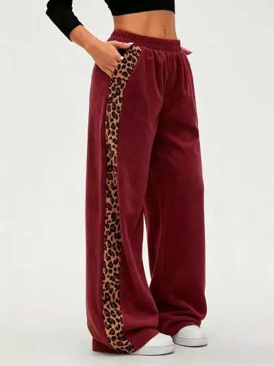 Women'S Fashion Casual Leopard Stitching Wide Leg Pants