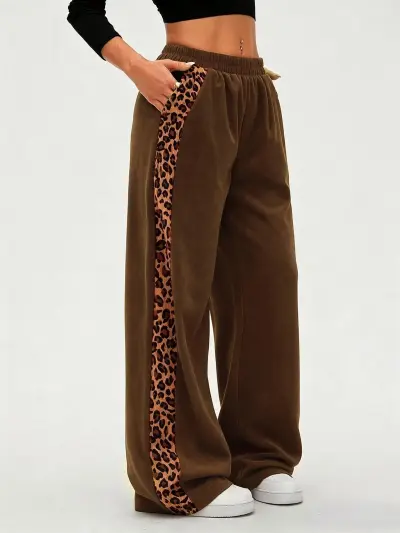 Women'S Fashion Casual Leopard Stitching Wide Leg Pants