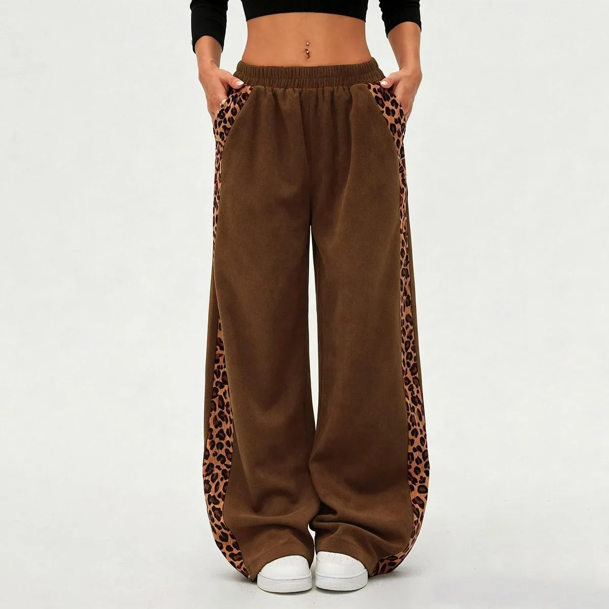 Women'S Fashion Casual Leopard Stitching Wide Leg Pants
