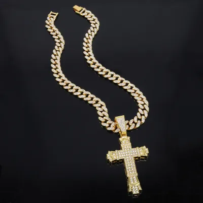Men'S Fashion Hip Hop Cross Rhinestone Alloy Pendant Cuban Chain Necklace