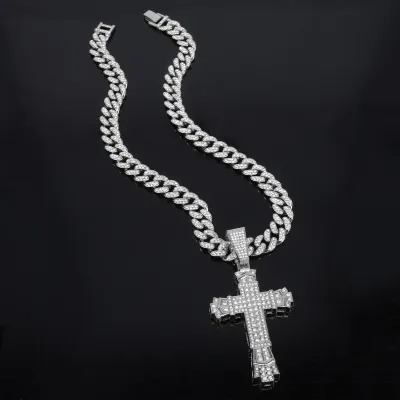 Men'S Fashion Hip Hop Cross Rhinestone Alloy Pendant Cuban Chain Necklace