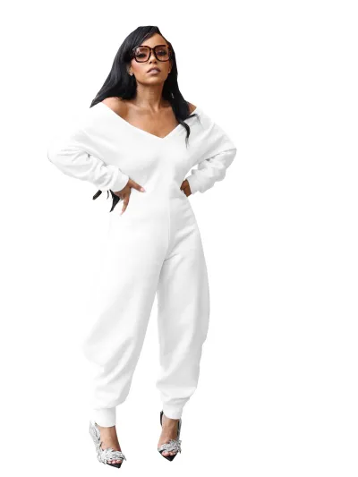 Women'S Fashion Sexy Autumn And Winter Solid Color V-Neck Long Sleeve Slim-Fit Jumpsuits