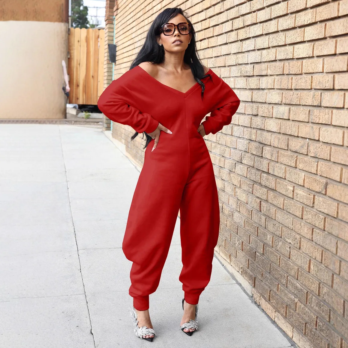 Women'S Fashion Sexy Autumn And Winter Solid Color V-Neck Long Sleeve Slim-Fit Jumpsuits